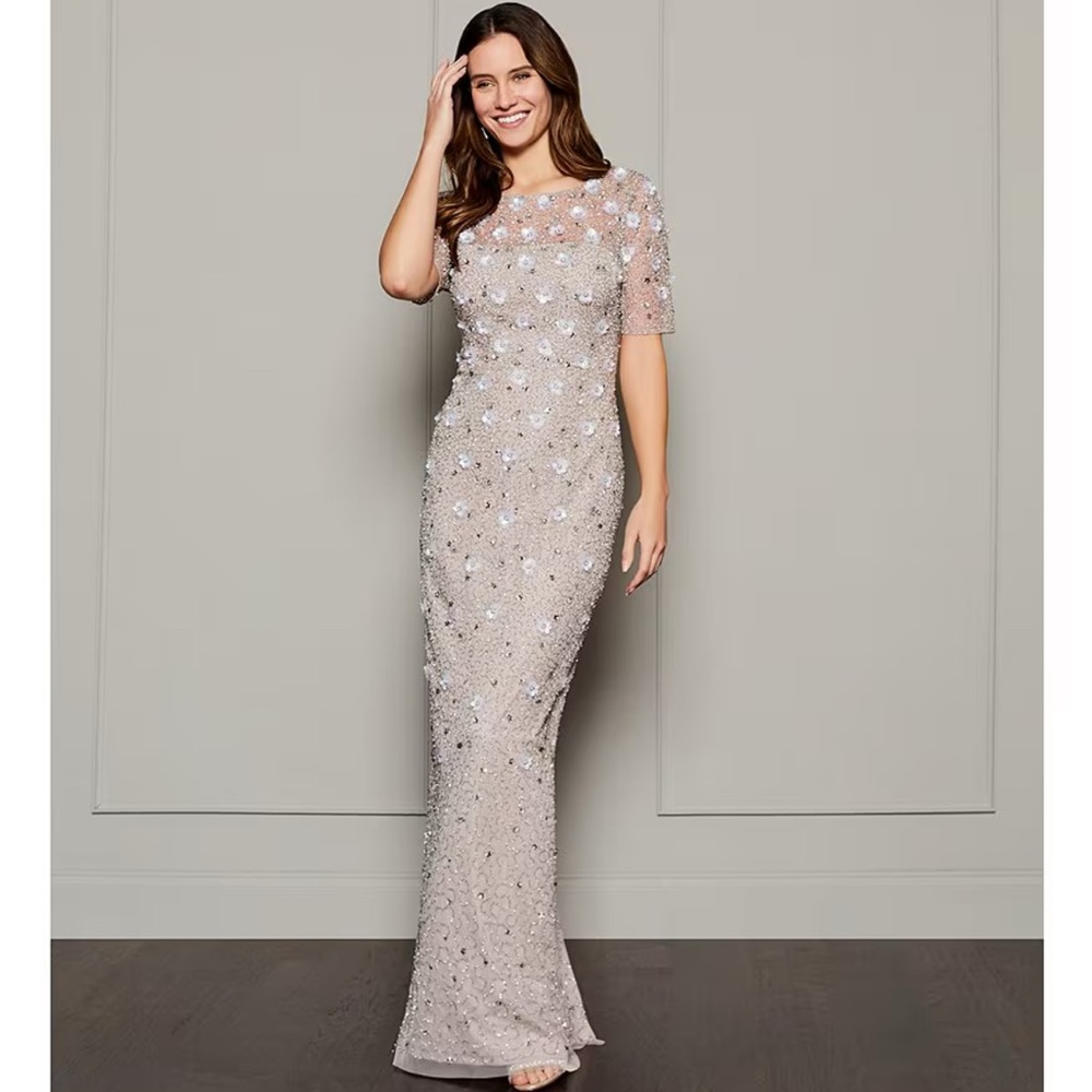 NWT Adrianna Papell Elegant Beige Floral Evening Gown NWT